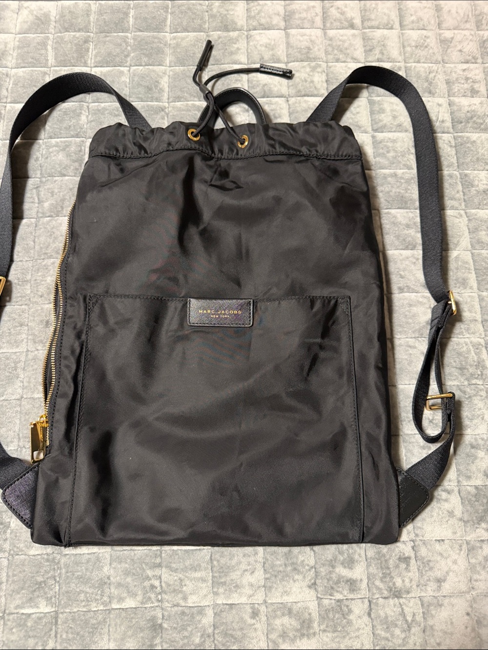 Marc Jacobs Black Nylon Drawstring Backpack with Gold Accents